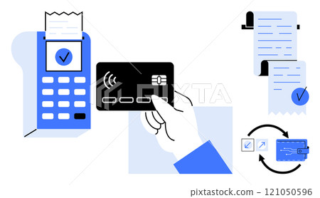 A hand holding a contactless credit card next to a payment terminal with a receipt above, digital receipts on the side and a cashless transaction icon Ideal for digital payments, e-commerce, fintech A hand holding a contactless credit card next to a payment terminal with a receipt above, digital receipts on the side and a cashless transaction icon Ideal for digital payments, e-commerce, fintech 121050596