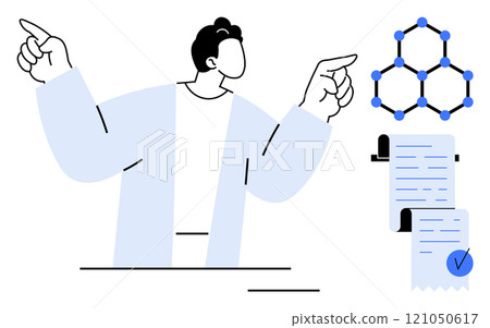 A researcher gestures towards a molecular structure and document with a checklist. Ideal for science education presentations, research papers, academic explanations, scientific documentation A researcher gestures towards a molecular structure and document with a checklist. Ideal for science education presentations, research papers, academic explanations, scientific documentation 121050617