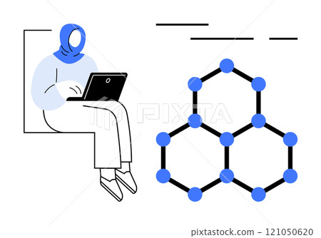 Person sitting with a laptop and a molecular structure. Ideal for education, technology, online learning, scientific research, and innovation. Modern, simple, minimal style 121050620