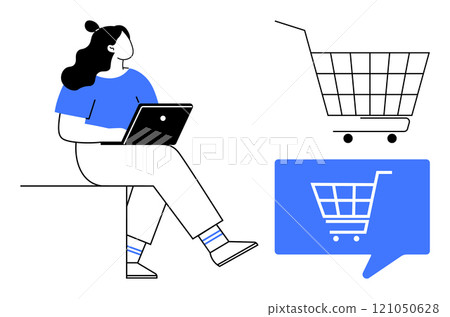 Woman sitting with a laptop, next to shopping cart graphics. Ideal for online shopping, e-commerce, digital marketing, consumer behavior, and internet browsing. Minimalist modern style 121050628