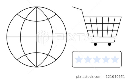 Visible are a globe, shopping cart, and five-star rating icon in simple line art. Ideal for themes of e-commerce, global market, online reviews, consumer feedback, and internet shopping. Style is 121050651