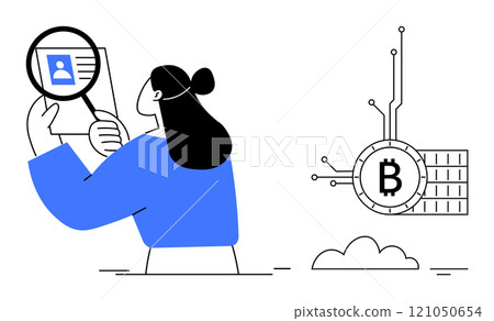 Person holding a magnifying glass examines digital profile while Bitcoin symbol hovers nearby. Ideal for blockchain, cryptocurrency, digital security, identity verification, technology trends. Flat 121050654