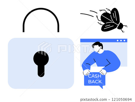 Large padlock with keyhole, a flying insect, and a man holding a cashback sign. Ideal for themes of security, safety, online shopping, cashback rewards, and anti-bug software. Simple vector style Large padlock with keyhole, a flying insect, and a man holding a cashback sign. Ideal for themes of security, safety, online shopping, cashback rewards, and anti-bug software. Simple vector style 121050694