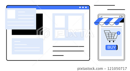 Webpage layout with text and images alongside a mobile app screen displaying a shopping cart with, a buy button Ideal for e-commerce websites mobile shopping user interface online stores and digital Webpage layout with text and images alongside a mobile app screen displaying a shopping cart with, a buy button Ideal for e-commerce websites mobile shopping user interface online stores and digital 121050717