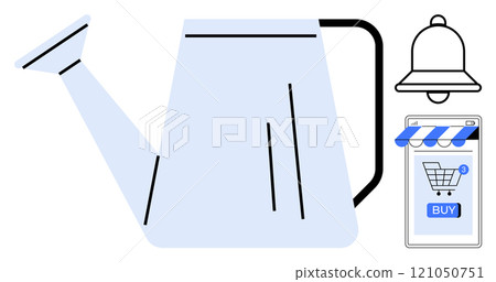 Simple vector drawing of a watering can, a notification bell and an online shopping mobile interface. Ideal for gardening, e-commerce, app notifications, online shopping, plant care. Minimalist 121050751