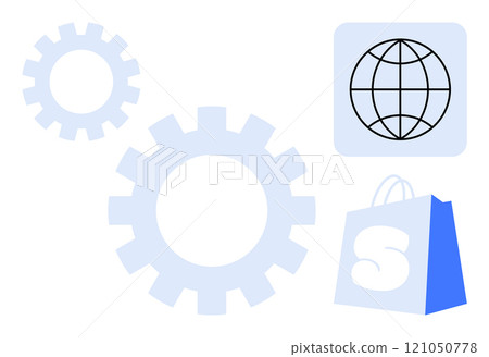 Gears, a globe, and a shopping bag icon create a visual for automation and global shopping. Ideal for e-commerce, technology, global trade, automation, and business. Simple modern style Gears, a globe, and a shopping bag icon create a visual for automation and global shopping. Ideal for e-commerce, technology, global trade, automation, and business. Simple modern style 121050778