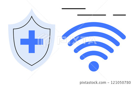 A shield with a medical cross represents healthcare security, accompanied by a blue wireless signal illustration. Ideal for healthcare, digital security, wireless communication, medical technology 121050780