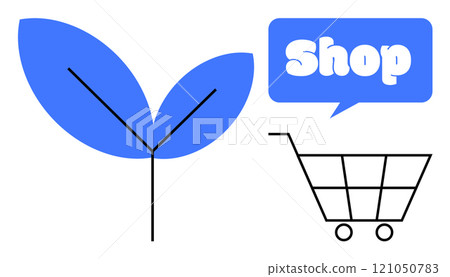 Blue leaf next to a black shopping cart with a blue speech bubble containing the word Shop in white letters. Ideal for promoting eco-friendly shopping sustainability retail market environmental 121050783