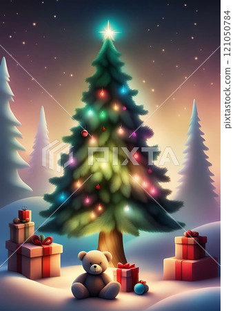 Christmas Tree in Snow with Teddy Bear  121050784