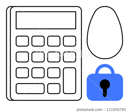 A black-outlined calculator alongside a black-outlined egg shape and a blue padlock. Ideal for security, finance, problem-solving, password protection, and creativity. Minimalist vector style 121050785
