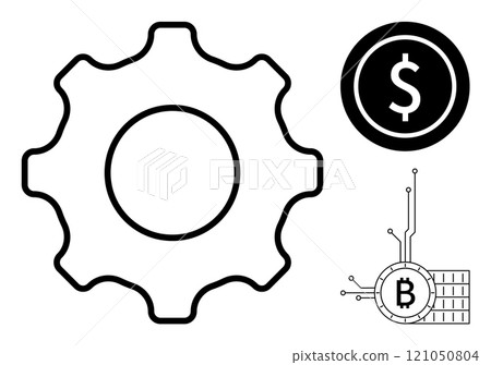 Large gear, dollar coin, Bitcoin urban design. Ideal for technology, cryptocurrency, economic visuals, fintech, blockchain education. Simple black and white vector minimalistic style Large gear, dollar coin, Bitcoin urban design. Ideal for technology, cryptocurrency, economic visuals, fintech, blockchain education. Simple black and white vector minimalistic style 121050804