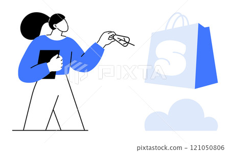 Character holding a tablet extending out a dollar bill toward a shopping bag over a cloud Ideal for retail, e-commerce, online shopping, digital transactions, and technology. Simple vector style 121050806