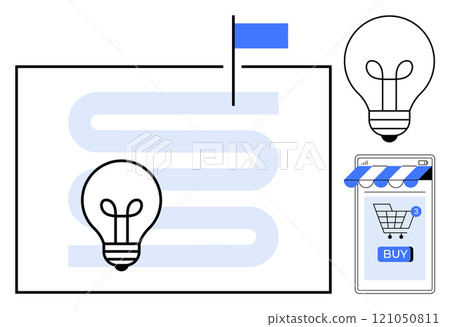 Light bulb icons, a map with a flag, and a smartphone displaying an online shopping cart and Buy button Ideal for e-commerce, online stores, navigation, technology integration, and innovative 121050811