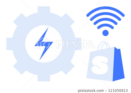 Gear with lightning bolt indicates technology or power. wireless symbol represents connectivity. Shopping bag with S implies ecommerce. Ideal for technology, power, connectivity, ecommerce Gear with lightning bolt indicates technology or power. wireless symbol represents connectivity. Shopping bag with S implies ecommerce. Ideal for technology, power, connectivity, ecommerce 121050813