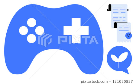 Blue game controller with four round buttons and a cross button, next to a document checklist and a leaf inside a speech bubble. Ideal for gaming, digital organization, eco-friendly themes 121050837