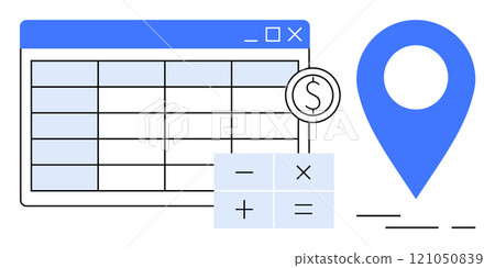 Spreadsheet with rows and columns, location pin, and calculator symbols suggesting financial calculations. Ideal for finance, data analysis, budgeting, navigation, digital tools. Clean, modern Spreadsheet with rows and columns, location pin, and calculator symbols suggesting financial calculations. Ideal for finance, data analysis, budgeting, navigation, digital tools. Clean, modern 121050839