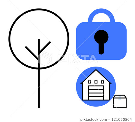 A minimalist depiction of a tree, a lock, and a garage with a box in blue and black colors. Ideal for environmental themes, security concepts, home life, urban development, and simplistic design 121050864
