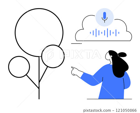 A woman in a blue sweater looks at and points to a cloud with a microphone and sound wave icon. To her left are abstract representations of trees. Ideal for voice technology, cloud computing, nature 121050866