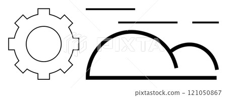 A minimalist design featuring a gear on the left and a cloud with horizontal lines symbolizing movement to the right. Ideal for technology, engineering, weather, web design, and modern art themes 121050867