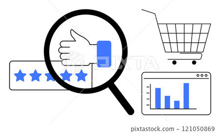 Magnifying glass over a thumbs-up icon with five-star rating symbol, shopping cart, and a bar chart on a browser screen. Ideal for e-commerce, customer reviews, online shopping, business analytics Magnifying glass over a thumbs-up icon with five-star rating symbol, shopping cart, and a bar chart on a browser screen. Ideal for e-commerce, customer reviews, online shopping, business analytics 121050869
