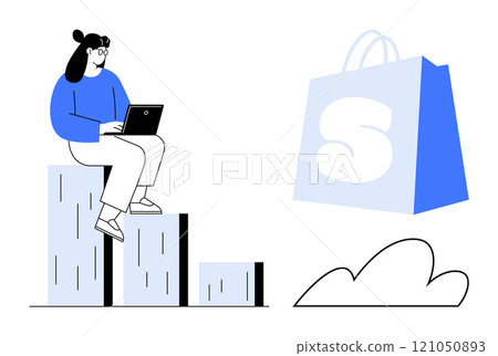 Woman uses laptop sitting on graph bars with large shopping bag. Ideal for finance, business growth, e-commerce, technology, digital marketing. Simple, minimalistic style Woman uses laptop sitting on graph bars with large shopping bag. Ideal for finance, business growth, e-commerce, technology, digital marketing. Simple, minimalistic style 121050893