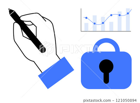 A hand writing with a pen, a lock symbolizing data security, and a bar graph with a line chart. Ideal for data protection, cybersecurity, analytics, business planning, and digital privacy. Modern A hand writing with a pen, a lock symbolizing data security, and a bar graph with a line chart. Ideal for data protection, cybersecurity, analytics, business planning, and digital privacy. Modern 121050894