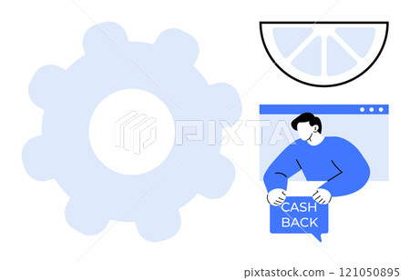 Large gear symbol, person holding cashback sign, and a lemon wedge icon. Ideal for marketing, finance, e-commerce, customer rewards, and technology. Simple vector style, blue and white colours Large gear symbol, person holding cashback sign, and a lemon wedge icon. Ideal for marketing, finance, e-commerce, customer rewards, and technology. Simple vector style, blue and white colours 121050895