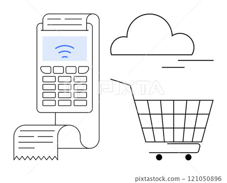 Payment terminal with receipt, shopping cart, and cloud icon in modern minimalist design. Ideal for e-commerce, online shopping, retail technology, digital payments, cloud storage Payment terminal with receipt, shopping cart, and cloud icon in modern minimalist design. Ideal for e-commerce, online shopping, retail technology, digital payments, cloud storage 121050896