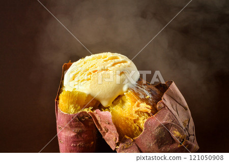 Baked sweet potato with ice cream 121050908