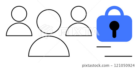 Three silhouetted human shapes alongside a blue padlock symbol indicating secure access or user privacy. Ideal for online security, user management, data protection, secure login, identity Three silhouetted human shapes alongside a blue padlock symbol indicating secure access or user privacy. Ideal for online security, user management, data protection, secure login, identity 121050924