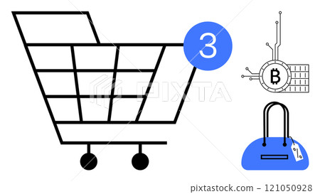 Large shopping cart with three items notification, blue handbag with price tag, and Bitcoin symbol connected to circuitry. Ideal for e-commerce, cryptocurrency, online shopping, digital transactions 121050928