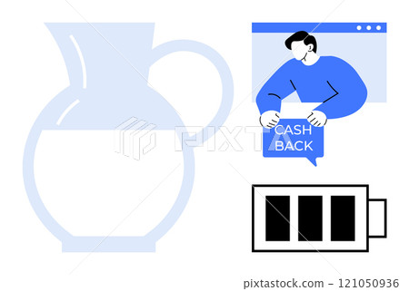 Person holds cashback sign in speech bubble while another jug is filled with liquid and a battery icon. Ideal for financial savings, online transactions, energy conservation, minimalistic design 121050936