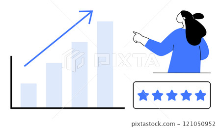 A woman points towards an upward trending bar graph and a five-star rating box. Ideal for progress, success, achievement, performance, and growth themes. Simple and modern style 121050952