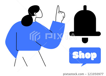 Silhouette of a person pointing towards a large notification bell with a shop sign. Simple illustration in blue, black, and white. Ideal for notifications, e-commerce, shopping, digital marketing 121050977