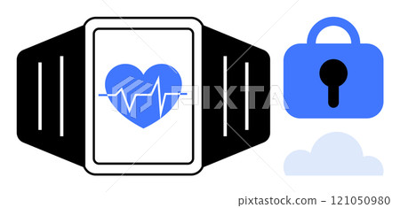 A smartwatch displaying a heart rate monitor alongside a blue lock icon and a cloud. Ideal for topics like health monitoring, wearable technology, data security, fitness apps, and cloud storage 121050980