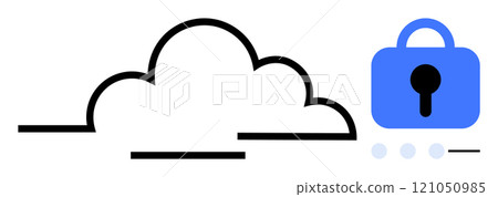 Black cloud with blue lock signifies secure cloud computing. Ideal for IT security, data protection, cloud storage, cybersecurity, and digital privacy themes. Simple flat design, minimalistic style 121050985