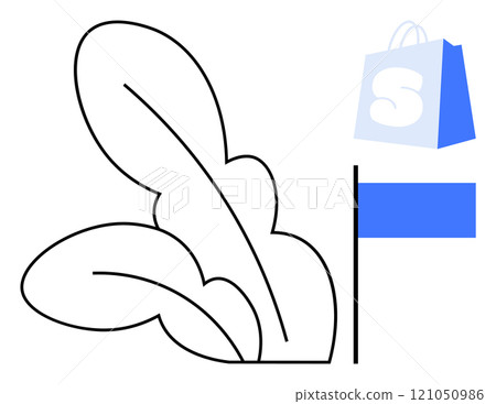 Leaf with clean lines, a shopping bag marked with S and a solid blue bar. Ideal for online shopping, retail packaging, eco-friendly marketing, e-commerce branding, and minimalistic design 121050986