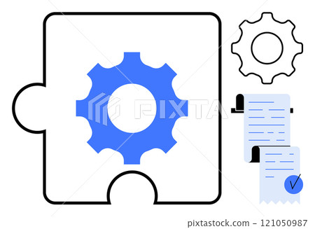 Shows a blue gear on a puzzle piece alongside a checklist and document. Ideal for business, process optimization, teamwork, project management, and task tracking. Modern, clean style Shows a blue gear on a puzzle piece alongside a checklist and document. Ideal for business, process optimization, teamwork, project management, and task tracking. Modern, clean style 121050987