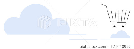 A minimalist shopping cart appears to float among soft blue clouds. Ideal for themes of online shopping, digital marketing, e-commerce, cloud technology, and virtual retail. Clean and modern style 121050992
