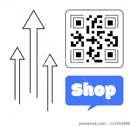 QR code adjacent to upward arrows and a blue Shop bubble. Ideal for e-commerce, online shopping, marketing, technology, business growth. Modern minimalistic style QR code adjacent to upward arrows and a blue Shop bubble. Ideal for e-commerce, online shopping, marketing, technology, business growth. Modern minimalistic style 121050996