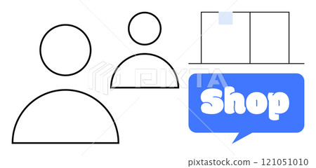 Simple black outlined people figures alongside a large blue text bubble with the word Shop in white. Next to the text bubble are window-like structures. Ideal for business, online shopping Simple black outlined people figures alongside a large blue text bubble with the word Shop in white. Next to the text bubble are window-like structures. Ideal for business, online shopping 121051010