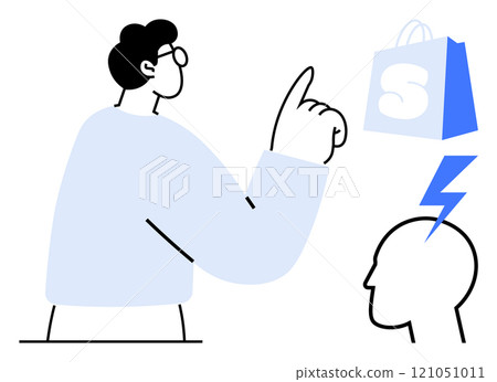 Person with raised finger near shopping bag and lightning bolt over head symbolizes e-commerce, innovation, online shopping and creativity. Ideal for marketing, startup, business, technology Person with raised finger near shopping bag and lightning bolt over head symbolizes e-commerce, innovation, online shopping and creativity. Ideal for marketing, startup, business, technology 121051011