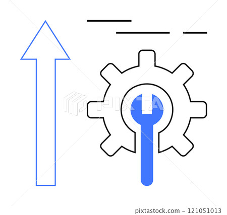 Arrow pointing upward beside a gear with a wrench inside, illustrating improvement and efficiency themes. Ideal for business growth, technology advancement, process optimization, mechanical 121051013