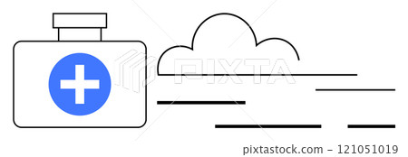 First aid kit with a blue medical cross next to an abstract cloud in a minimalist style. Ideal for healthcare medical emergency cloud computing first aid education and safety. Modern clean abstract First aid kit with a blue medical cross next to an abstract cloud in a minimalist style. Ideal for healthcare medical emergency cloud computing first aid education and safety. Modern clean abstract 121051019