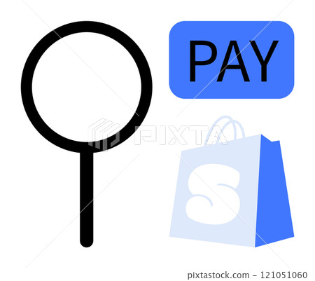 A simple vector shows a magnifying glass, a shopping bag with an S, and a PAY button. Ideal for themes of e-commerce, online shopping, search, payment, and digital transactions 121051060
