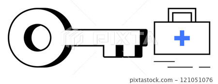 A black key next to a medical case with a blue cross. Ideal for healthcare, medical access, security, emergency services, and health insurance themes. Clean vector style A black key next to a medical case with a blue cross. Ideal for healthcare, medical access, security, emergency services, and health insurance themes. Clean vector style 121051076