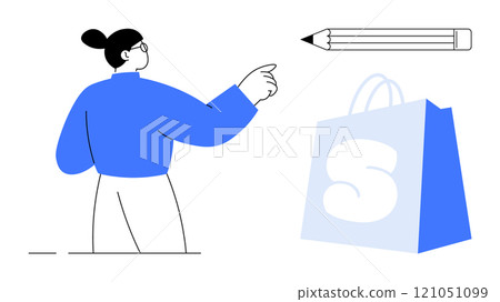 Minimalist drawing with a person pointing towards a pencil and a shopping bag. Ideal for education, creativity, shopping, marketing, and e-commerce themes. Depicted in simple, clean lines with blue 121051099