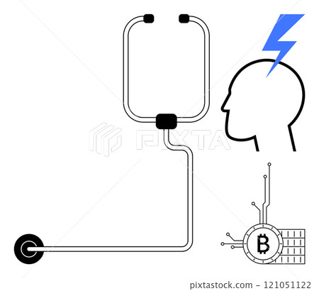 A connected power button, stethoscope, human head with a lightning bolt, and Bitcoin symbol. Ideal for healthcare, technology, innovation, cryptocurrency, and digital transformation themes A connected power button, stethoscope, human head with a lightning bolt, and Bitcoin symbol. Ideal for healthcare, technology, innovation, cryptocurrency, and digital transformation themes 121051122
