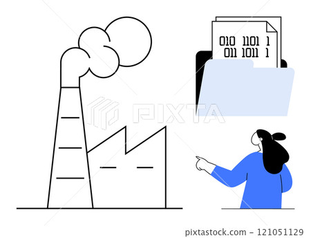 A factory with a smoke stack, a folder containing binary code, and a person pointing is present. Ideal for industrial data analysis, factory management, digital transformation, information A factory with a smoke stack, a folder containing binary code, and a person pointing is present. Ideal for industrial data analysis, factory management, digital transformation, information 121051129