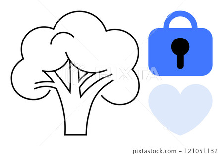 Simple illustration of a tree, blue lock and heart. Ideal for environmental conservation, security, love and care, holistic wellness, eco-friendly initiatives. Minimalist, clean style Simple illustration of a tree, blue lock and heart. Ideal for environmental conservation, security, love and care, holistic wellness, eco-friendly initiatives. Minimalist, clean style 121051132